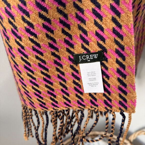 NWOT J Crew Wool Blend Scarf Brown Navy Pink Geometric 22"x90" - Picture 6 of 6